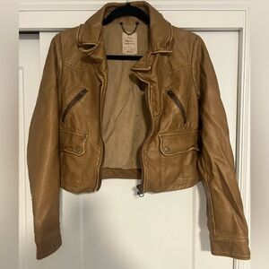 We The Free Tan Vegan Leather Jacket Cropped Motorcycle Style